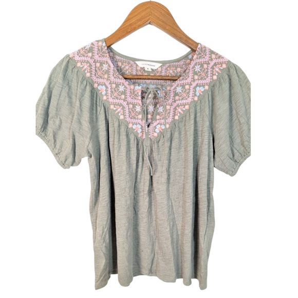 Lucky Brand Tops - Lucky Brand Sage Green Cotton Bohemian Embroidery Short Sleeve Tee Shirt